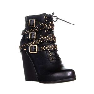 BCBGeneration Larissa Studded Strappy Wedge Lace Up Ankle Boots, Black size 7